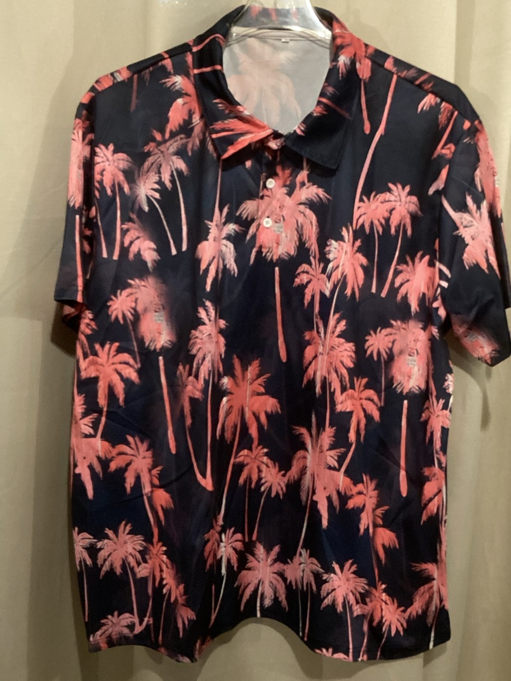 Men's Navy Palm-Print Polo Shirt - Coral Palm Design